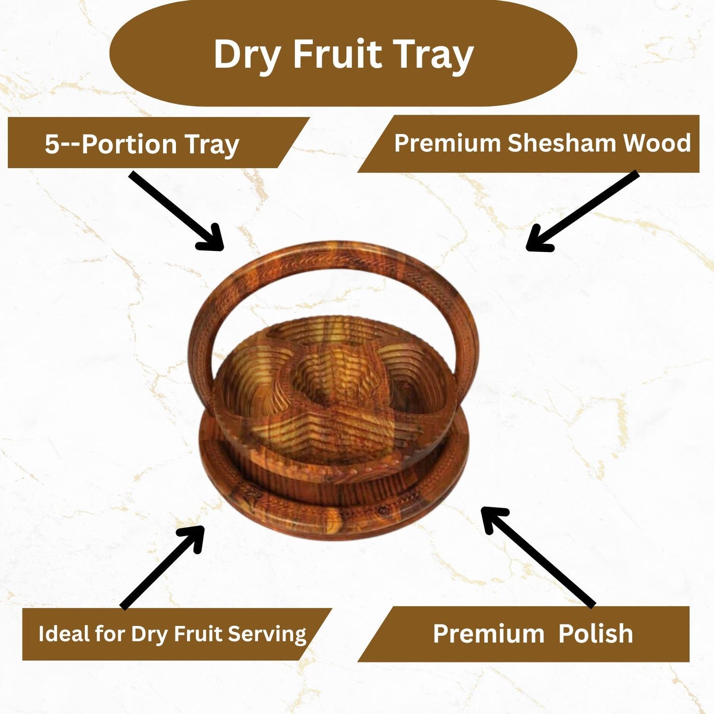 5-Portion Wooden Spring Tray – Handcrafted Dry Fruit Serving Dish