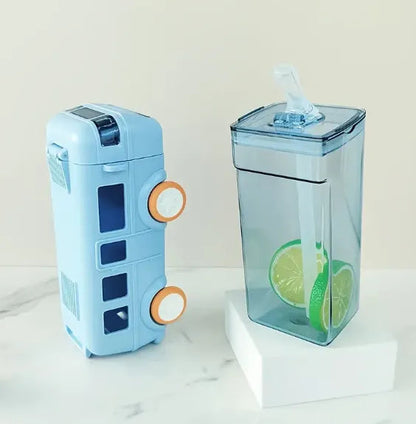 500ml Bus-Shaped Water Bottle with straw for Kids & Outdoor Sports