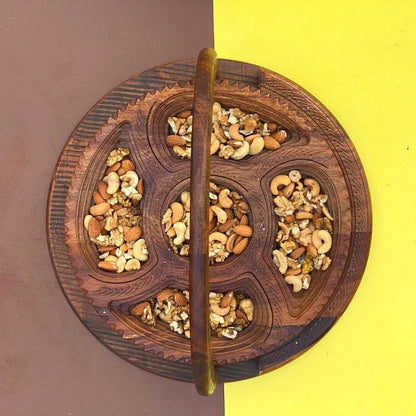 5-Portion Wooden Spring Tray – Handcrafted Dry Fruit Serving Dish