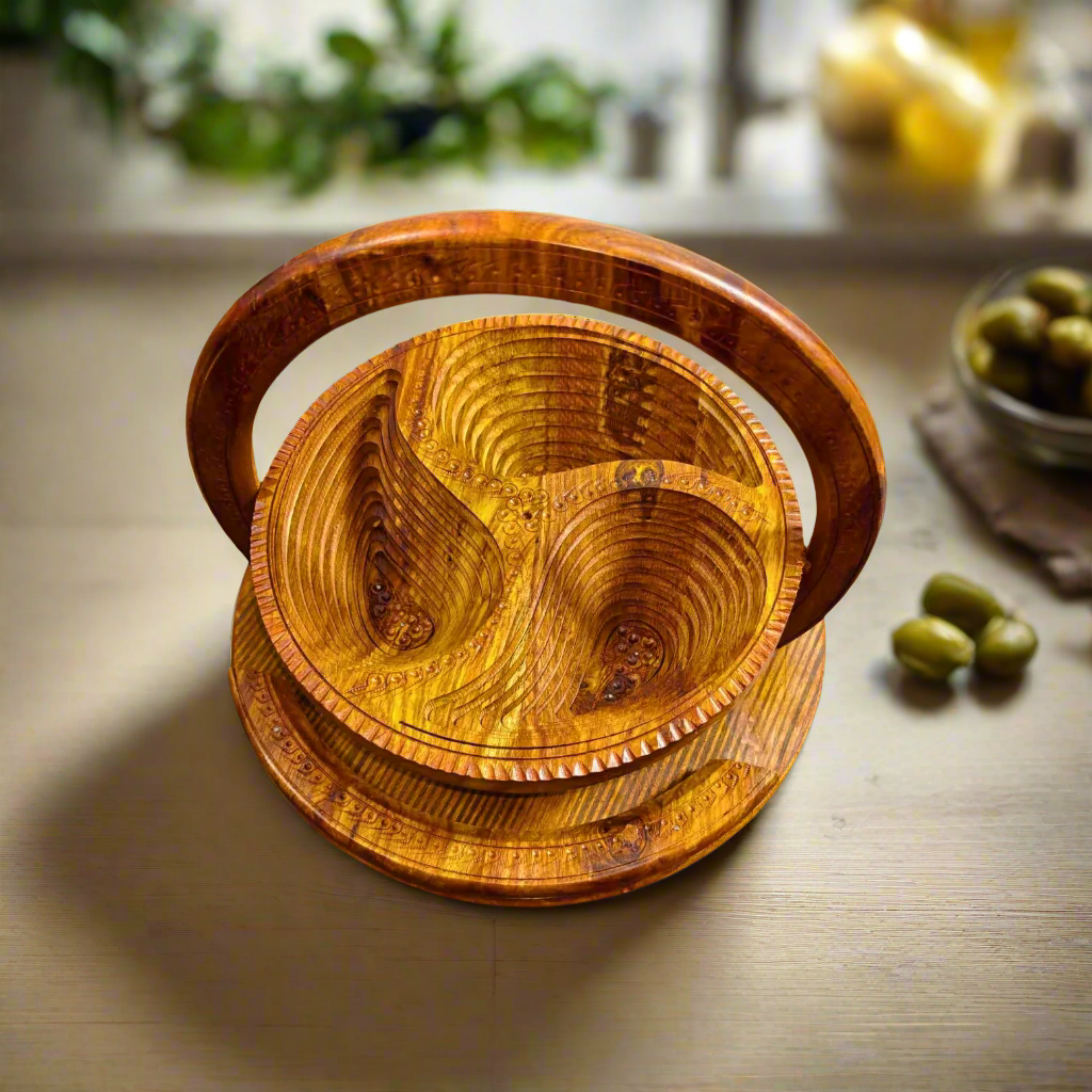 5-Portion Wooden Spring Tray – Handcrafted Dry Fruit Serving Dish